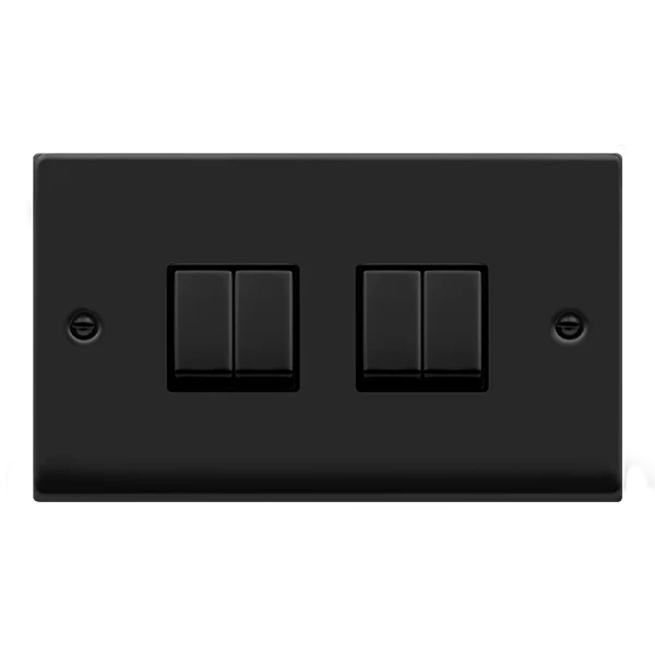 Matt Black 10A 4 Gang 2 Way Ingot Light Switch - Black Trim