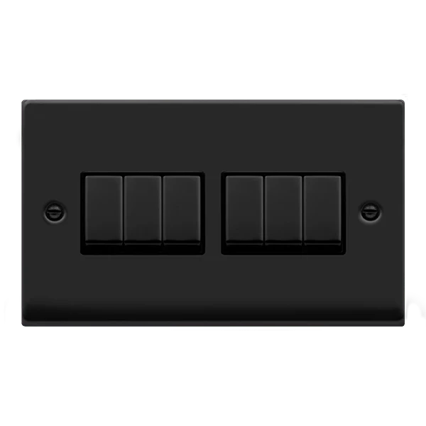 Matt Black 10A 6 Gang 2 Way Ingot Light Switch - Black Trim