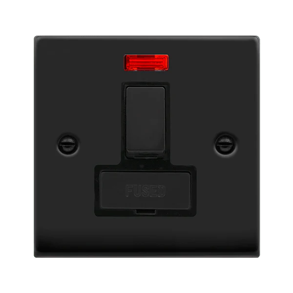 Matt Black 13A Fused Ingot Connection Unit Switched With Neon - Black Trim