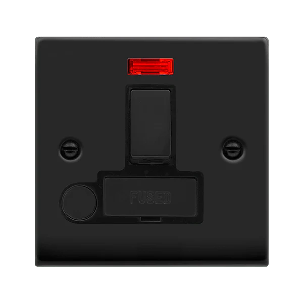 Matt Black 13A Fused Ingot Connection Unit Switched With Neon With Flex - Black Trim