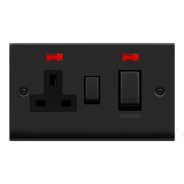 Matt Black Cooker Control Ingot 45A With 13A Switched Plug Socket & 2 Neons - Black Trim
