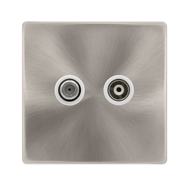 Screwless Plate Brushed Steel Non-Isolated Single Satellite Outlet- White Trim