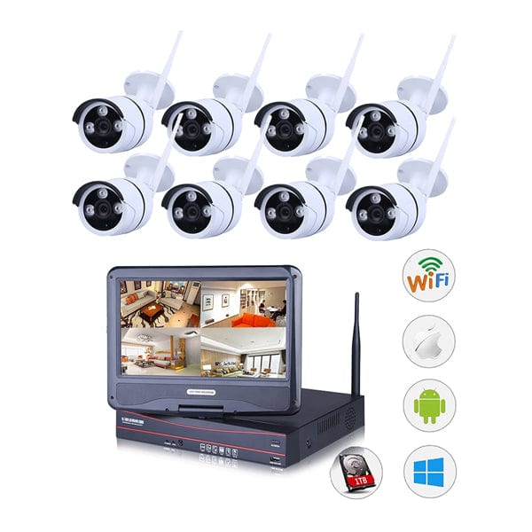 Outdoor Wireless IP Camera System WIFI NVR (8 x New 720O IP Compact CMOS IP66 Camera EZVIZ Video NVR DIY CCTV Set. 10 inch monitor) No HD included