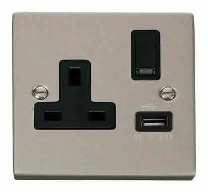 Pearl Nickel 1 Gang 13A DP 1 USB Switched Plug Socket - Black Trim