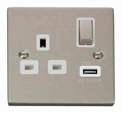 Pearl Nickel 1 Gang 13A DP Ingot 1 USB Switched Plug Socket - White Trim