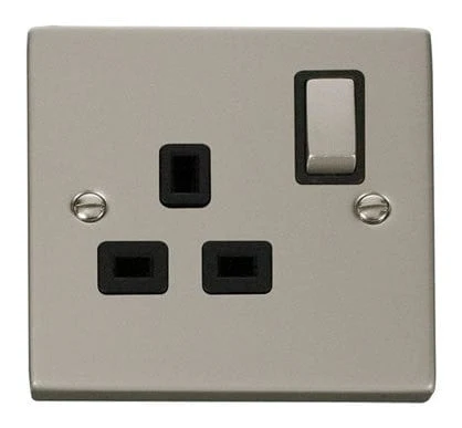 Pearl Nickel 1 Gang 13A DP Ingot Switched Plug Socket - Black Trim