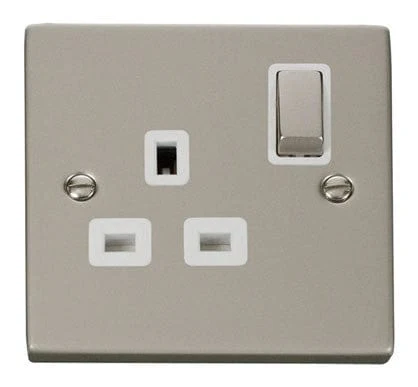 Pearl Nickel 1 Gang 13A DP Ingot Switched Plug Socket - White Trim
