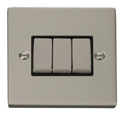 Pearl Nickel 10A 3 Gang 2 Way Ingot Light Switch - Black Trim