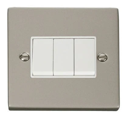 Pearl Nickel 10A 3 Gang 2 Way Light Switch - White Trim