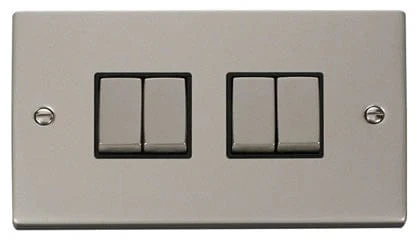 Pearl Nickel 10A 4 Gang 2 Way Ingot Light Switch - Black Trim