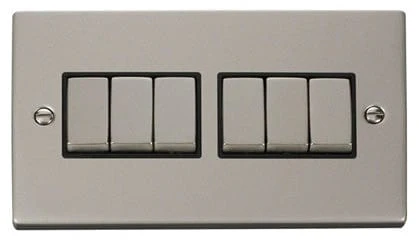 Pearl Nickel 10A 6 Gang 2 Way Ingot Light Switch - Black Trim