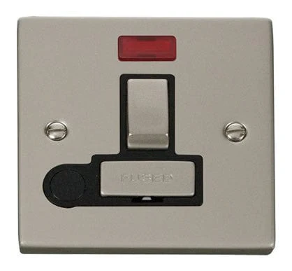 Pearl Nickel 13A Fused Ingot Connection Unit Switched With Neon With Flex - Black Trim