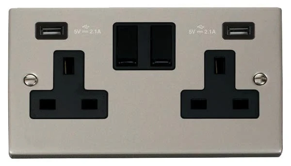 Pearl Nickel 2 Gang 13A 2 USB Twin Double Switched Plug Socket - Black Trim