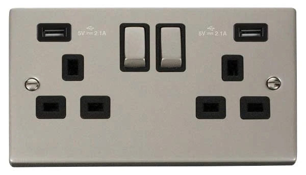 Pearl Nickel 2 Gang 13A DP Ingot 2 USB Twin Double Switched Plug Socket - Black Trim