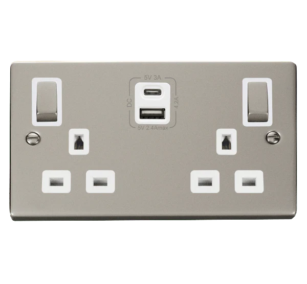 Pearl Nickel 2 Gang 13A DP Ingot Type A & C USB Twin Double Switched Plug Socket - White Trim