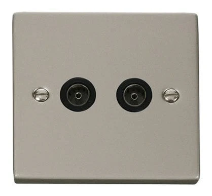 Pearl Nickel 2 Gang Twin Coaxial TV Socket - Black Trim