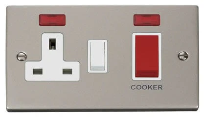Pearl Nickel Cooker Control 45A With 13A Switched Plug Socket & 2 Neons - White Trim