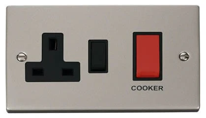 Pearl Nickel Cooker Control 45A With 13A Switched Plug Socket - Black Trim