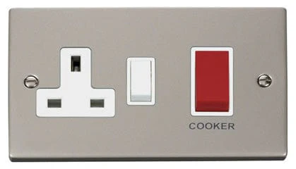 Pearl Nickel Cooker Control 45A With 13A Switched Plug Socket - White Trim
