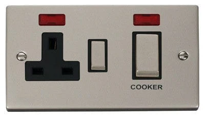Pearl Nickel Cooker Control Ingot 45A With 13A Switched Plug Socket & 2 Neons - Black Trim