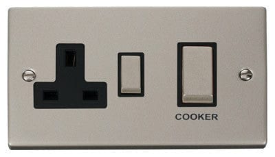 Pearl Nickel Cooker Control Ingot 45A With 13A Switched Plug Socket - Black Trim