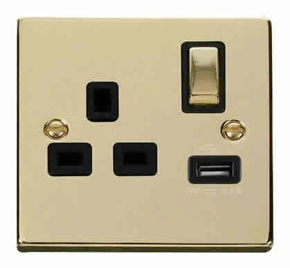 Polished Brass 1 Gang 13A DP Ingot 1 USB Switched Plug Socket - Black Trim