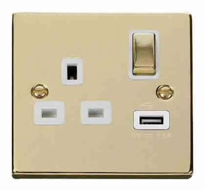 Polished Brass 1 Gang 13A DP Ingot 1 USB Switched Plug Socket - White Trim