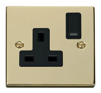 Polished Brass 1 Gang 13A DP Switched Plug Socket - Black Trim