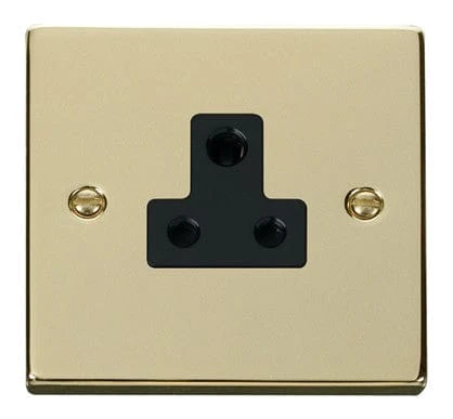 Polished Brass 1 Gang 5A Round Pin Socket - Black Trim