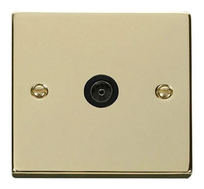 Polished Brass 1 Gang Single Coaxial TV Socket - Black Trim