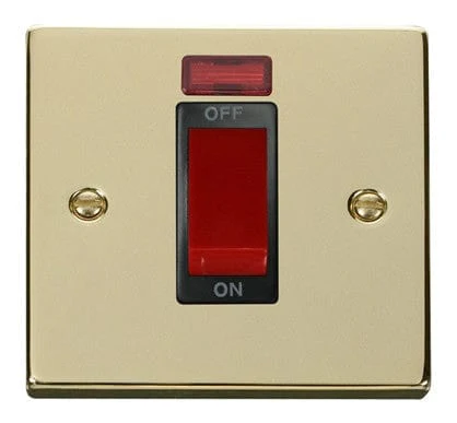Polished Brass 1 Gang Size 45A Switch With Neon - Black Trim