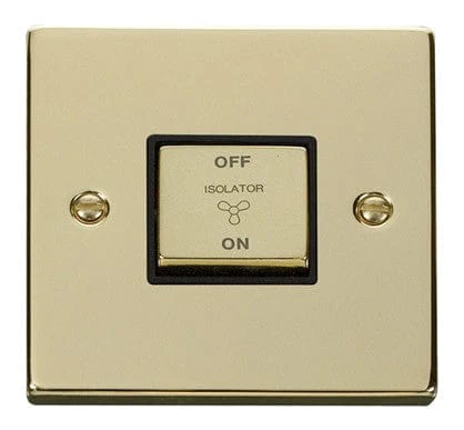 Polished Brass 10A 1 Gang Ingot 3 Pole Fan Isolation Switch - Black Trim
