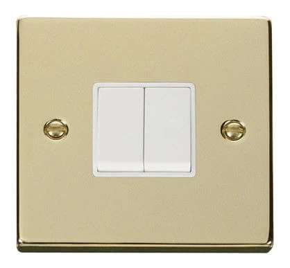 Polished Brass 10A 2 Gang 2 Way Light Switch - White Trim