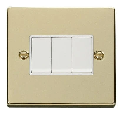 Polished Brass 10A 3 Gang 2 Way Light Switch - White Trim