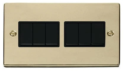 Polished Brass 10A 6 Gang 2 Way Light Switch - Black Trim