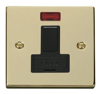 Polished Brass 13A Fused Connection Unit Switched With Neon - Black Trim