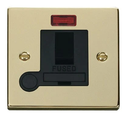Polished Brass 13A Fused Connection Unit Switched With Neon With Flex - Black Trim