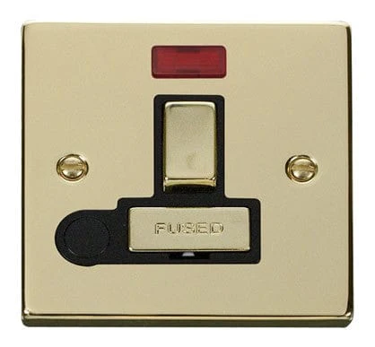 Polished Brass 13A Fused Ingot Connection Unit Switched With Neon With Flex - Black Trim