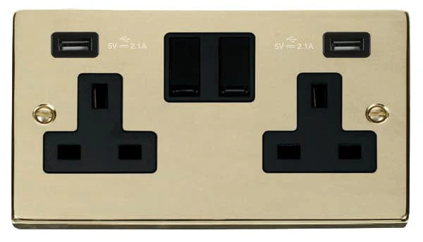 Polished Brass 2 Gang 13A 2 USB Twin Double Switched Plug Socket - Black Trim