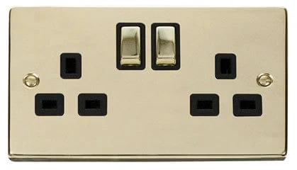 Polished Brass 2 Gang 13A DP Ingot Twin Double Switched Plug Socket - Black Trim