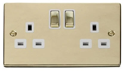 Polished Brass 2 Gang 13A DP Ingot Twin Double Switched Plug Socket - White Trim