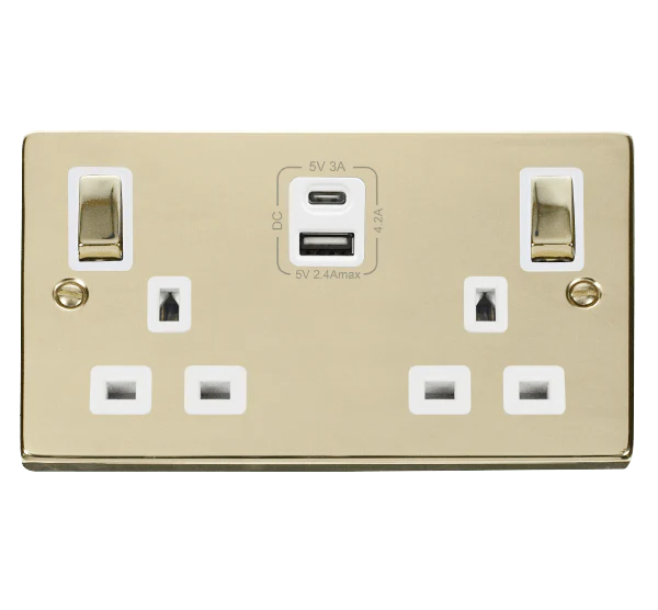 Polished Brass 2 Gang 13A DP Ingot Type A & C USB Twin Double Switched Plug Socket - White Trim