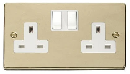 Polished Brass 2 Gang 13A Twin Double Switched Plug Socket - White Trim