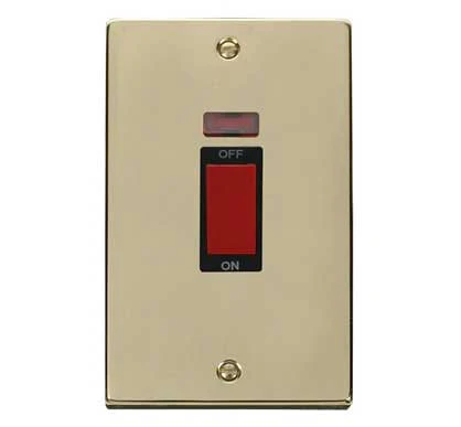 Polished Brass 2 Gang Size 45A Switch With Neon - Black Trim