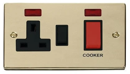Polished Brass Cooker Control 45A With 13A Switched Socket & 2 Neons - Black Trim