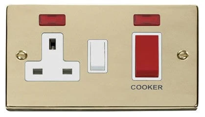 Polished Brass Cooker Control 45A With 13A Switched Socket & 2 Neons - White Trim