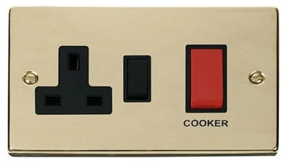 Polished Brass Cooker Control 45A With 13A Switched Socket - Black Trim