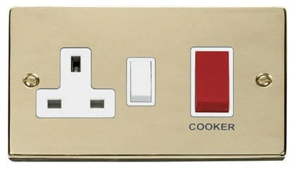 Polished Brass Cooker Control 45A With 13A Switched Socket - White Trim