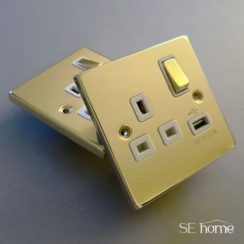 Polished Brass Cooker Control 45A With 13A Switched Socket - White Trim - Image 3