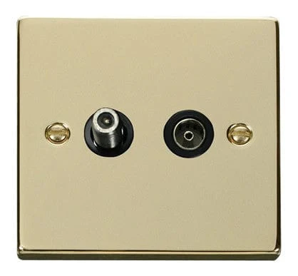 Polished Brass Satellite And Isolated Coaxial 1 Gang Socket - Black Trim
